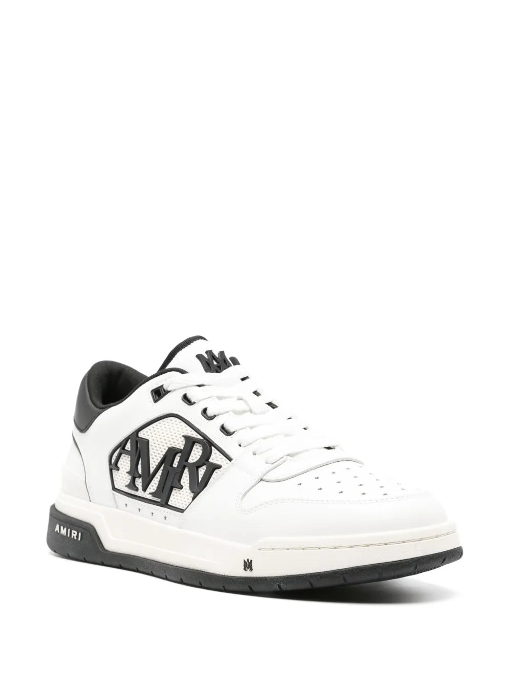 White leather sneakers with black MR logo side panel, lace-up, black sole