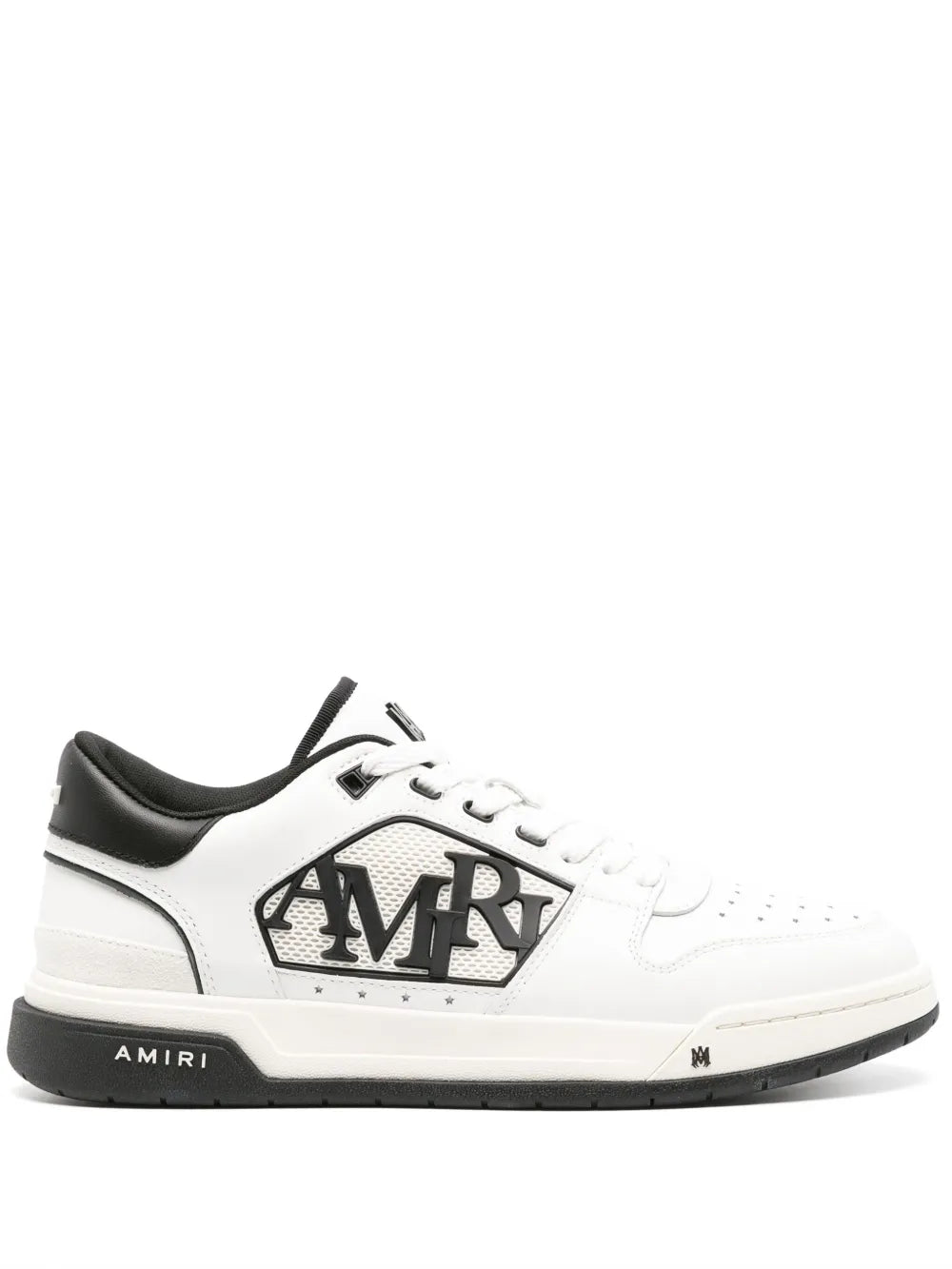 White leather sneakers with black MR logo emblem, lace-up, black outsole