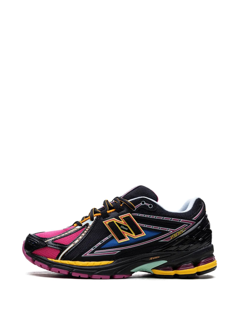 New Balance 1906 Neon Nights sneakers, black with bright pink toe and yellow-blue logo accents
