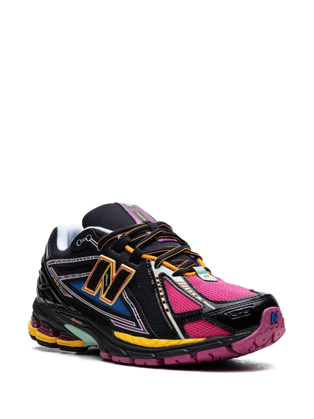 New Balance 1906 Neon Nights lace-up sneakers in black with pink side panels and multicolor trim