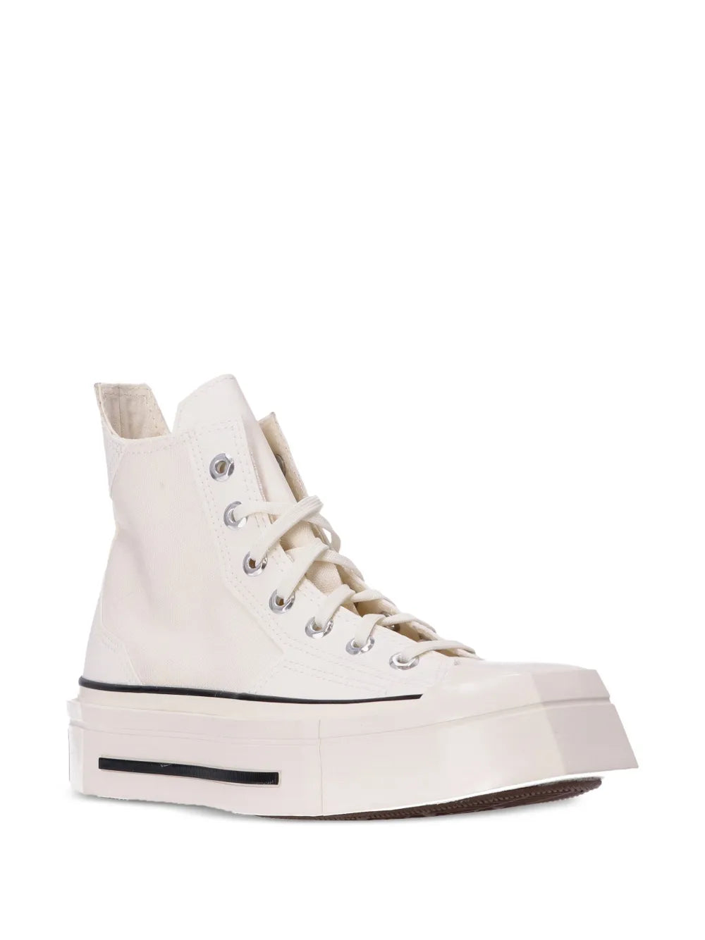 Off-white lace-up high-top sneaker with platform sole and black trim