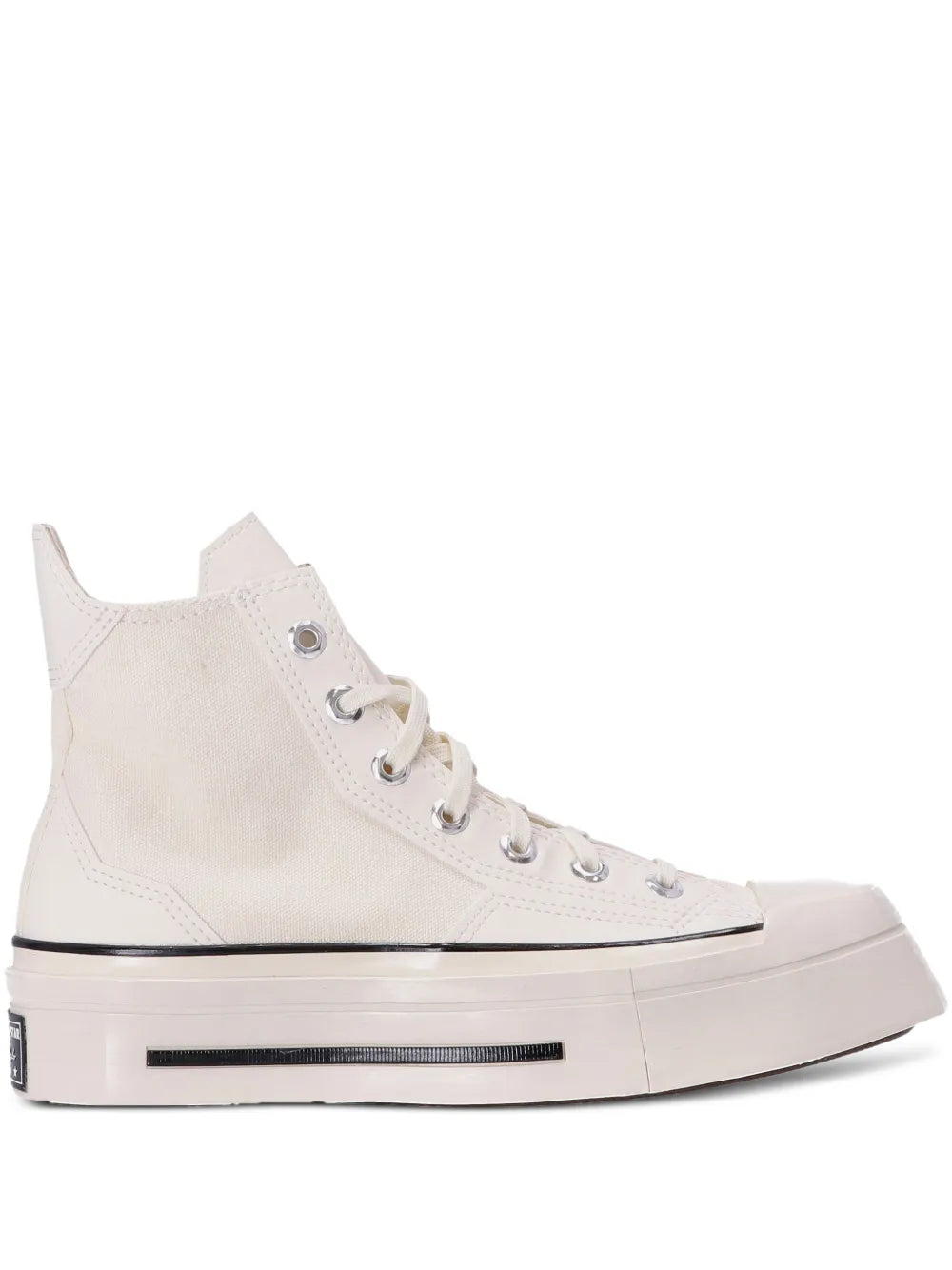 Off-white high-top canvas sneaker with lace-up, rubber toe cap, platform sole