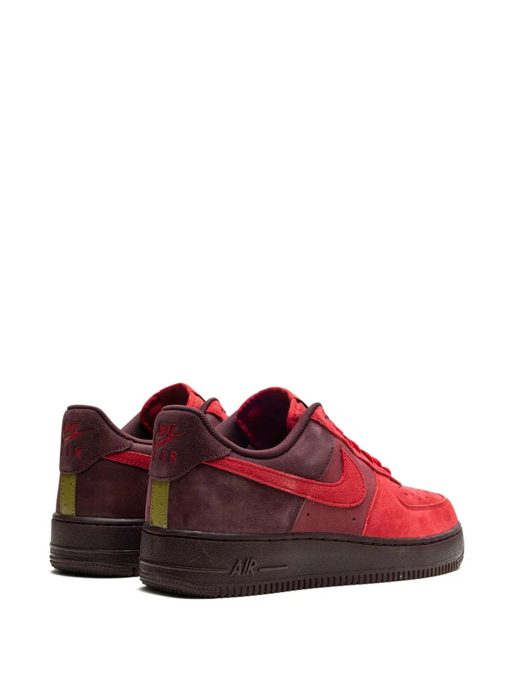 Nike Air Force 1 Low red sneakers with dark brown heel tab and lace-up