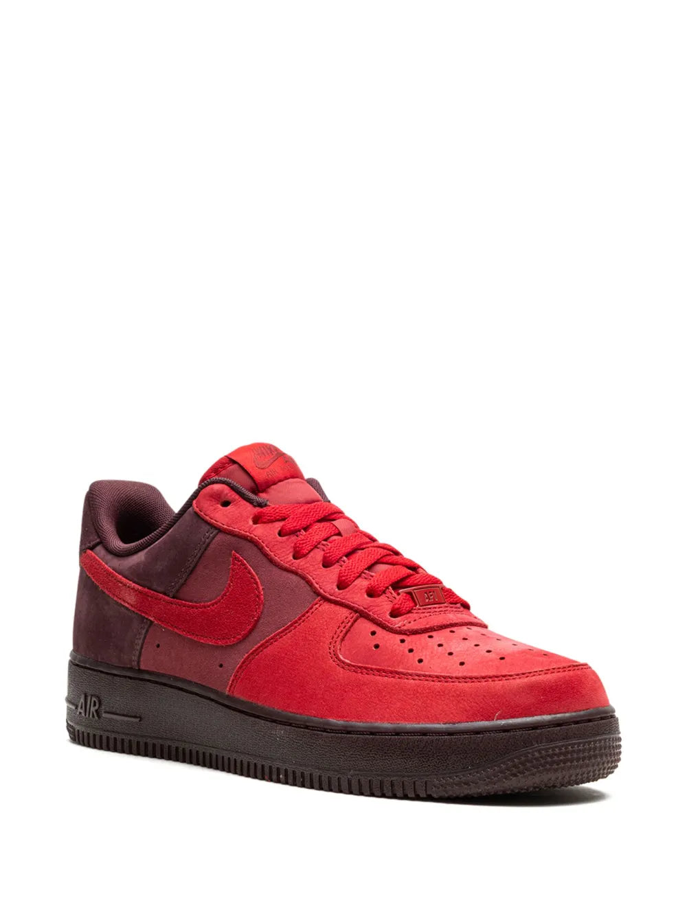 Nike Air Force 1 Low red sneakers with dark brown suede panels and lace-up