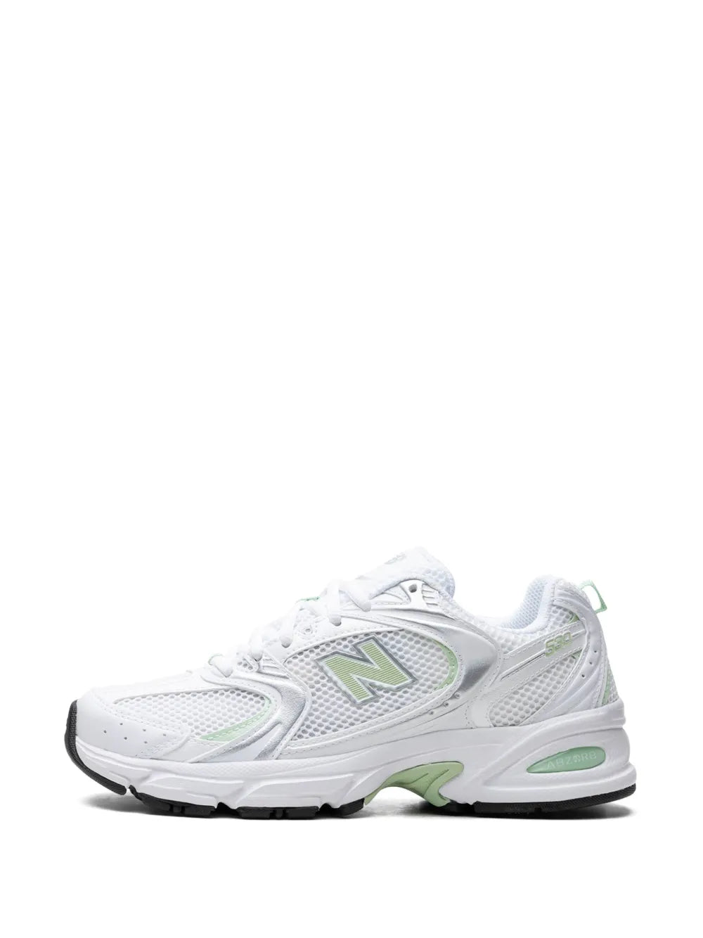 New Balance sneakers, white upper with mint green N logo and lacing, side view