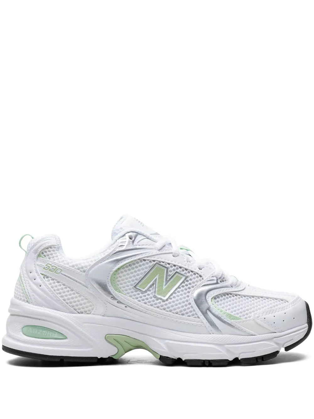 New Balance sneakers in white with mint green accents, side profile with N logo