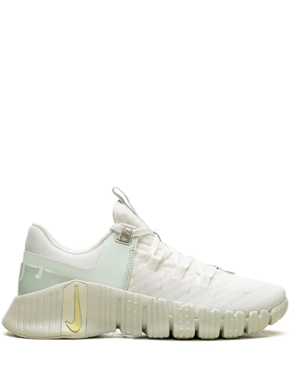 Nike Free-style training shoe in white with pale mint panels and yellow swoosh