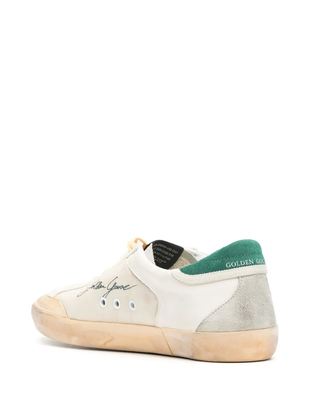 Golden Goose Super-Star sneakers, rear view with green heel tab and distressed beige sole