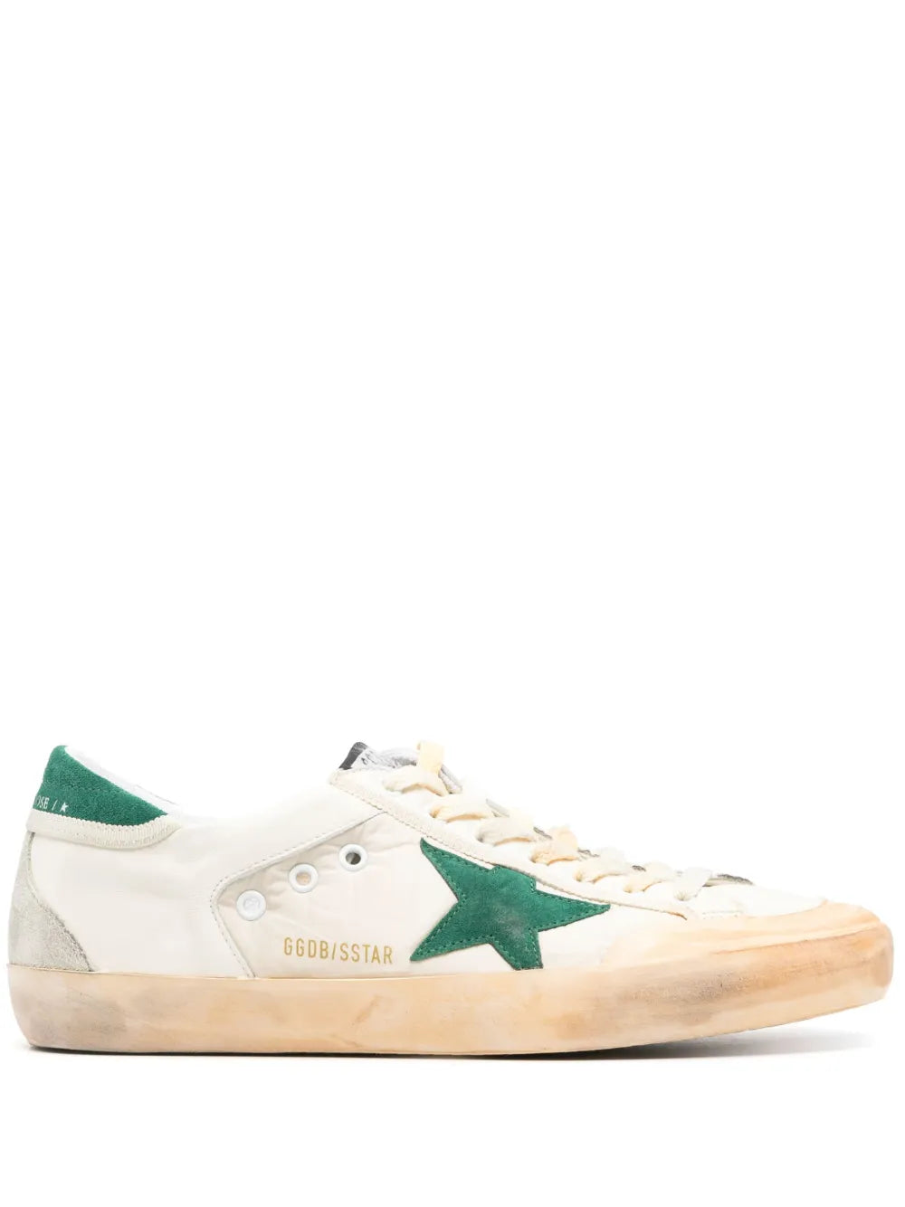 Golden Goose Super-Star sneakers, white with green star and beige distressed sole