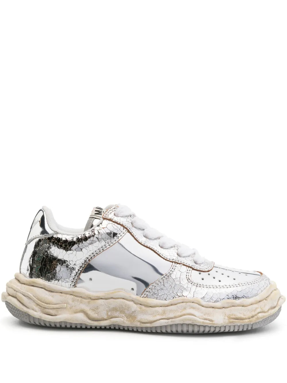 Metallic-effect low-top sneaker in white with silver paneling and chunky beige sole