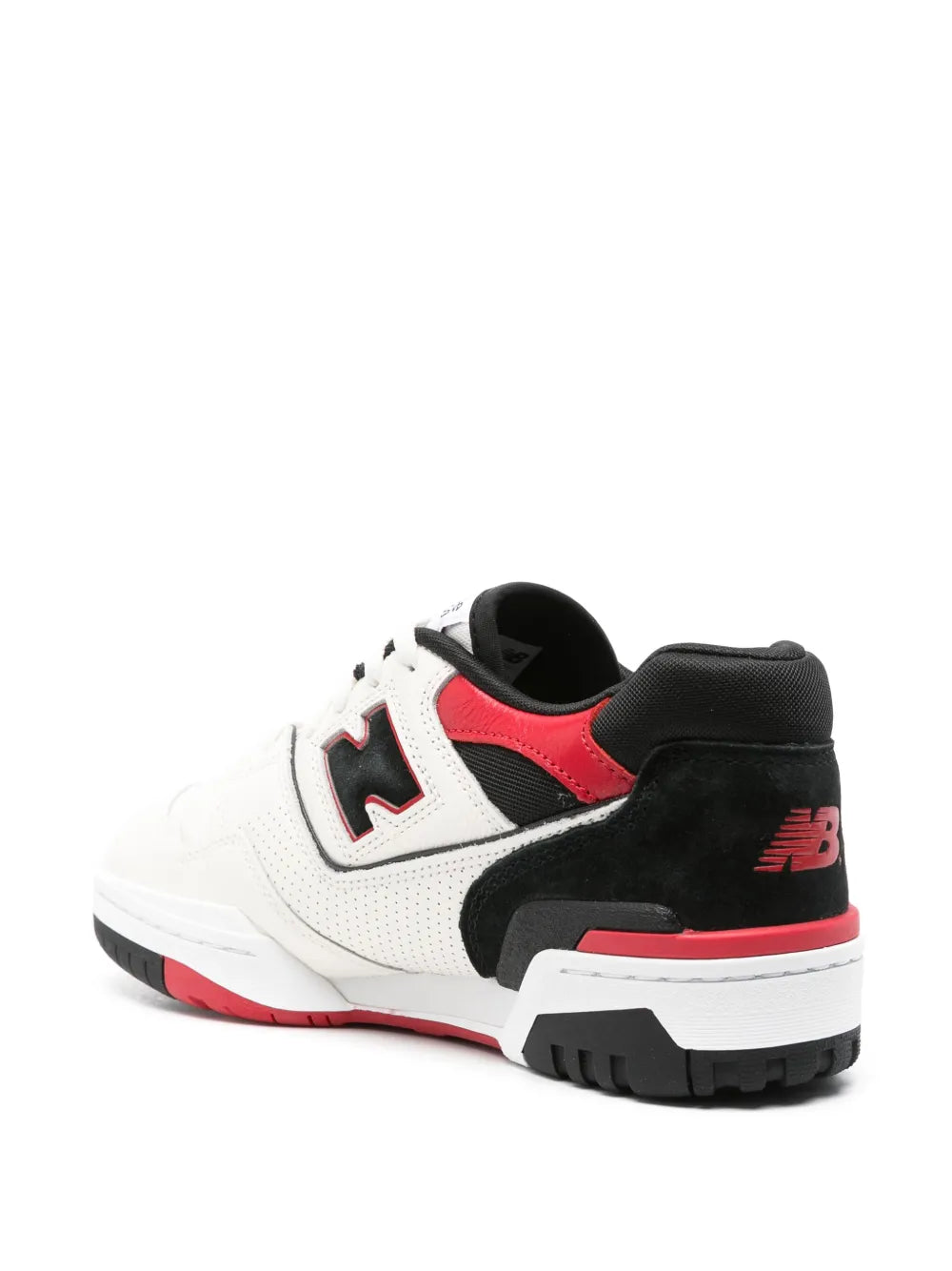 White and black New Balance 550 sneakers with red logo detail and padded collar