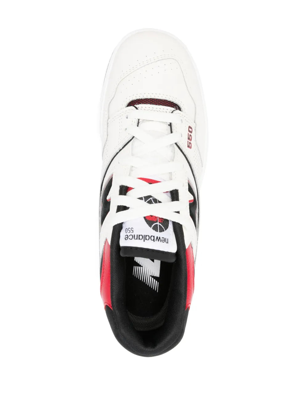 White New Balance 550 lace-up sneakers with black lining and red heel stripe