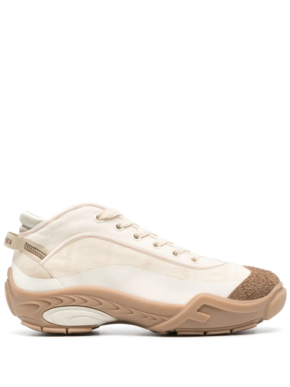 Fendi Lab panelled sneakers: cream uppers, brown suede heel, chunky rubber sole