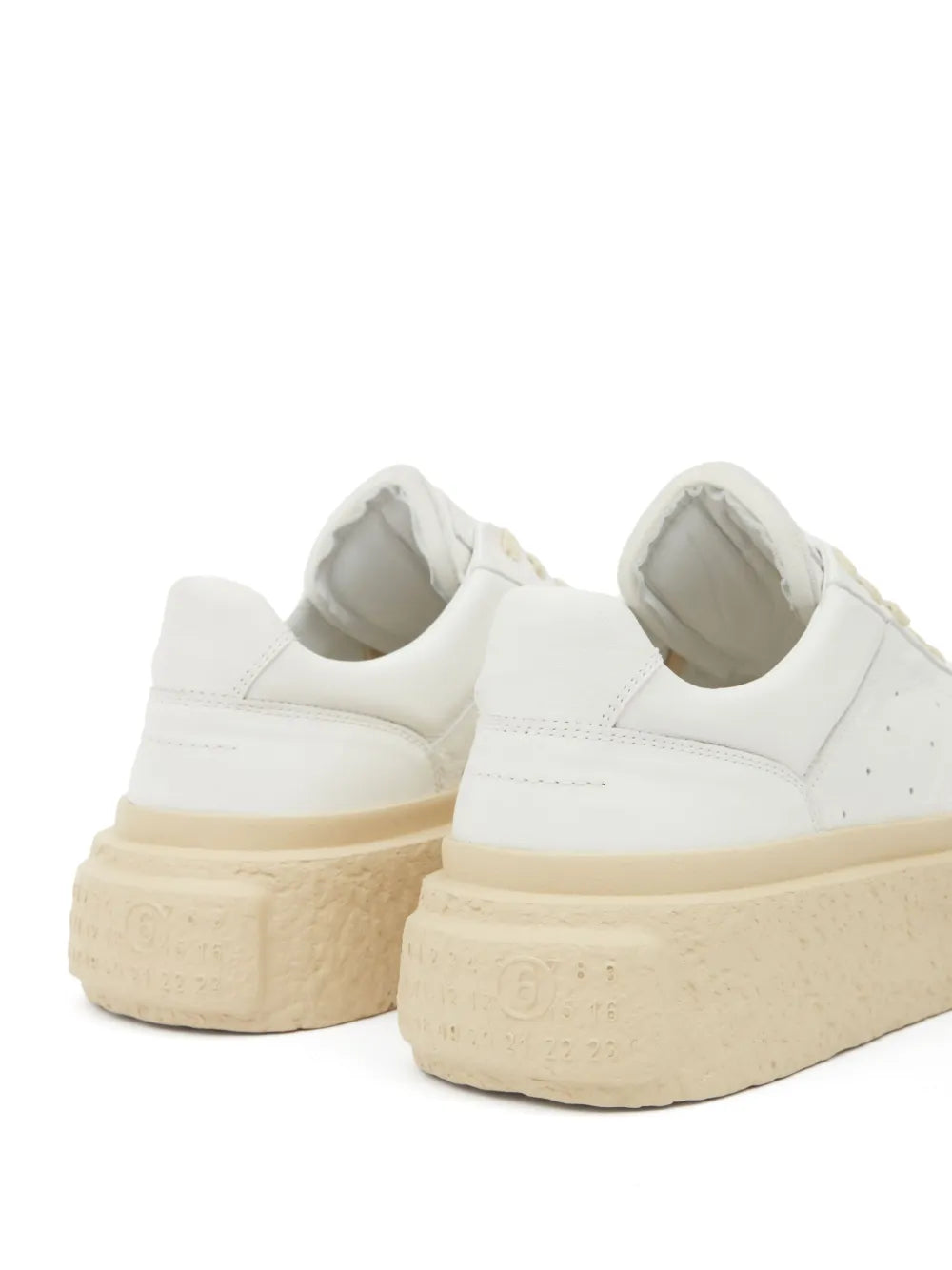 Mm6 Maison Margiela chunky leather sneakers, back view, white uppers with beige platform sole