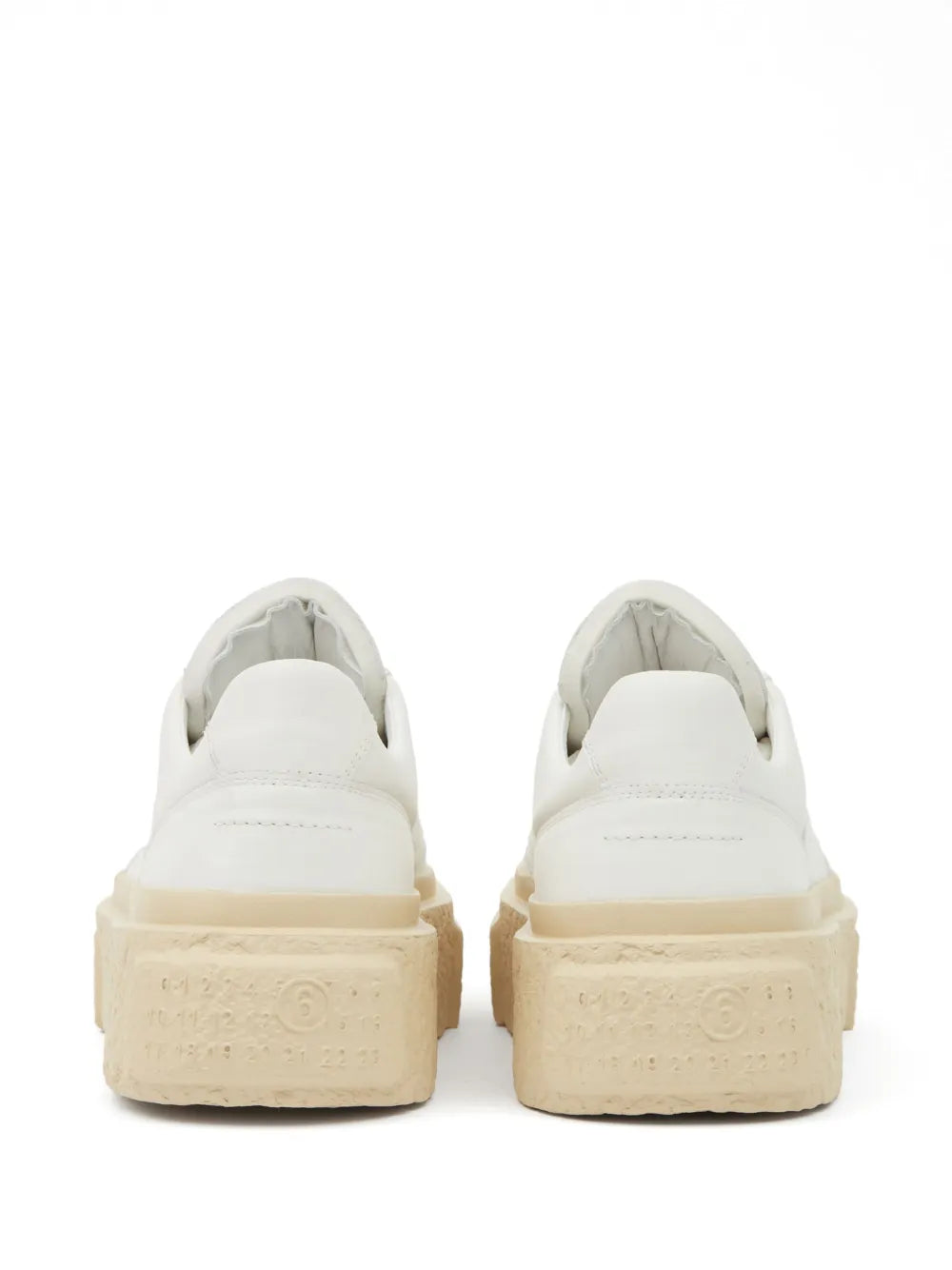 Mm6 Maison Margiela chunky leather sneakers, heel view, white leather with textured beige sole