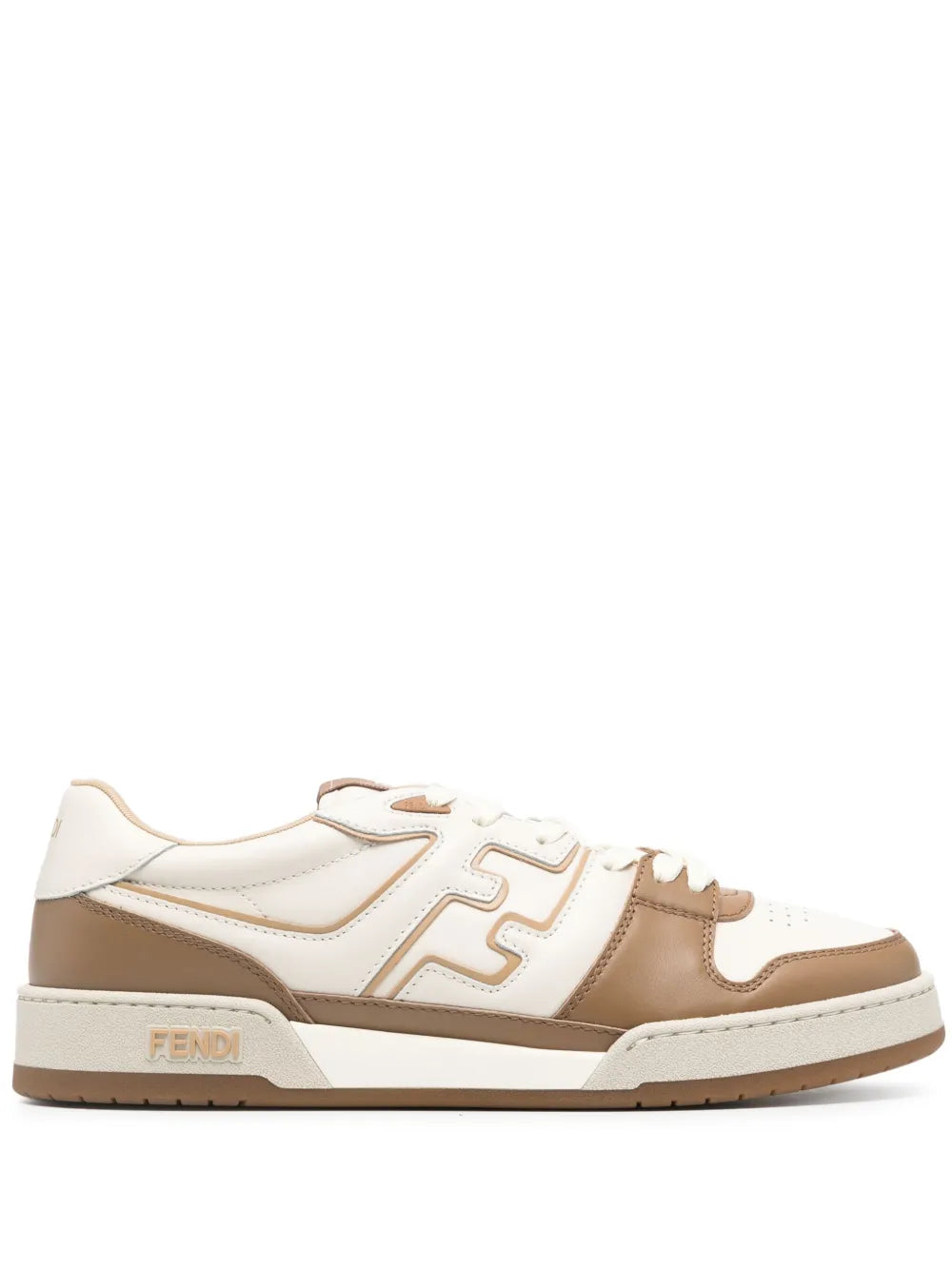 Fendi white leather low-top sneaker with tan FF appliqué and beige sole