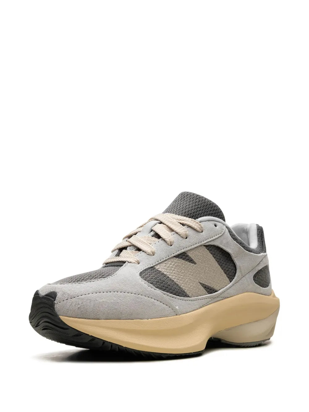 New Balance WRP Runner light grey lace-up sneaker, front quarter view, beige cushioned midsole