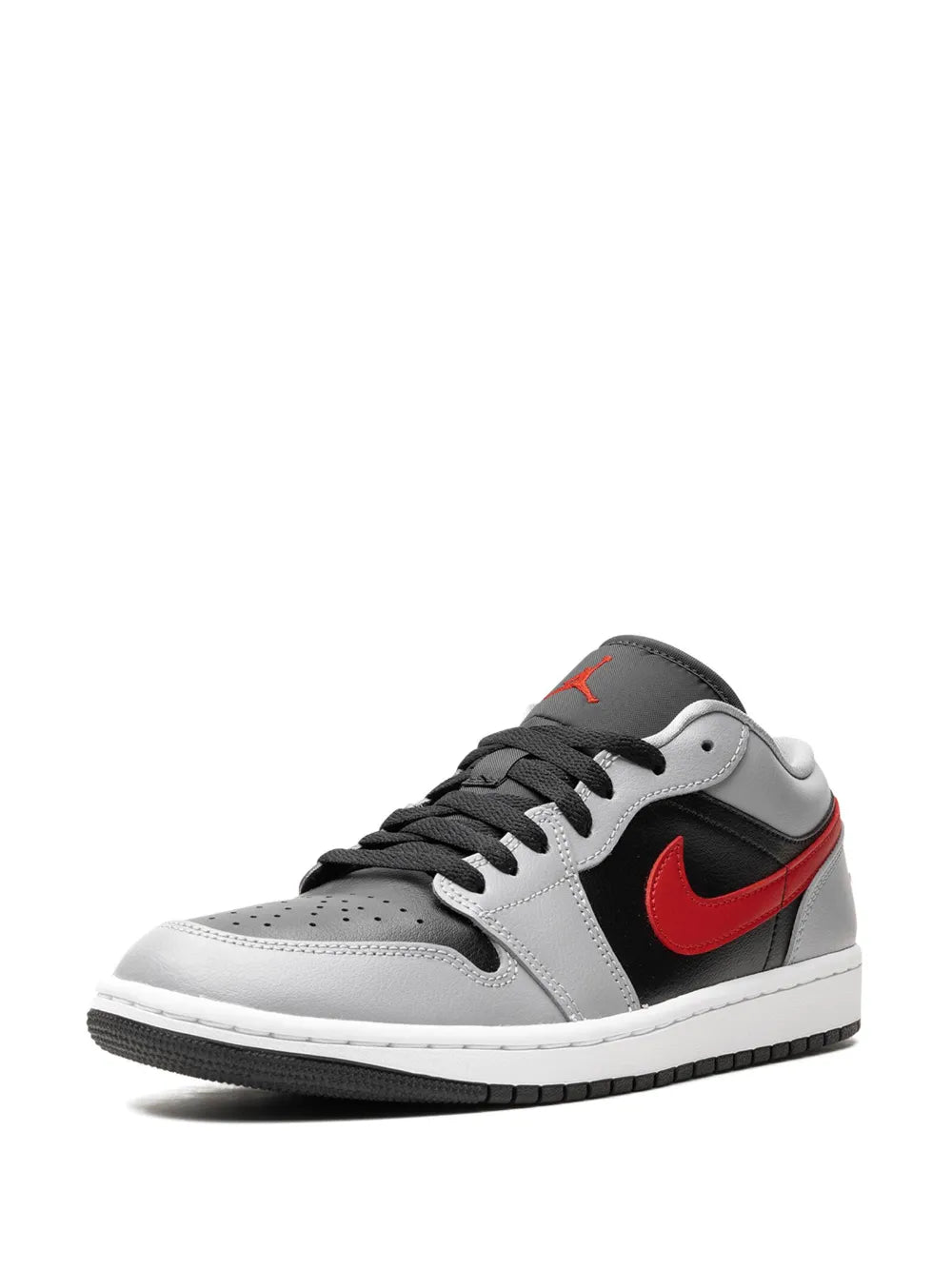 Air Jordan 1 low-top sneakers with red side swoosh, black panel, gray lace-up