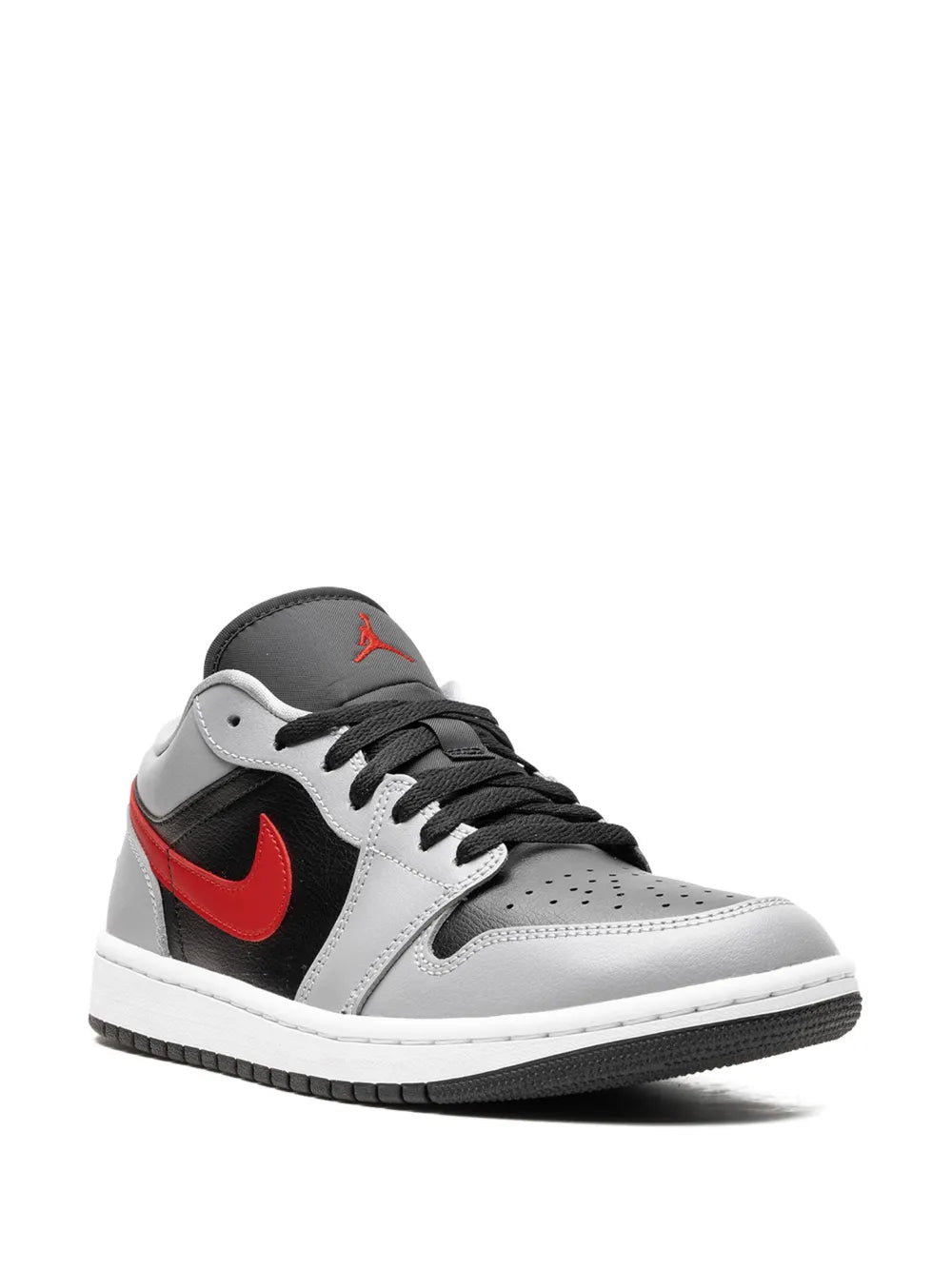 Air Jordan 1 low-top sneakers, black toe and collar, red swoosh on white upper