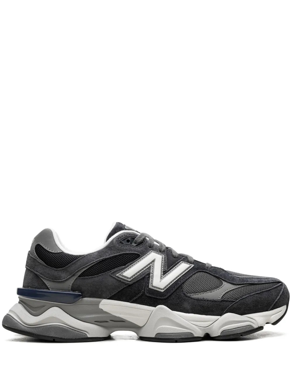 New Balance dark grey lace-up sneakers with large 'N' logo and cushioned layered sole