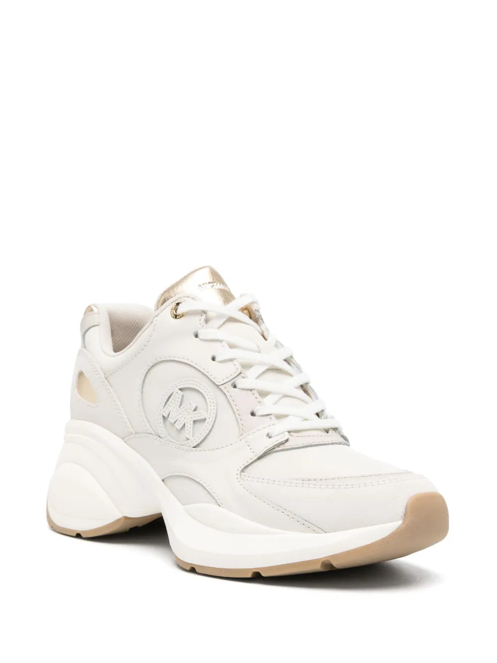 White lace-up chunky sneakers with circular MK logo on side and padded collar