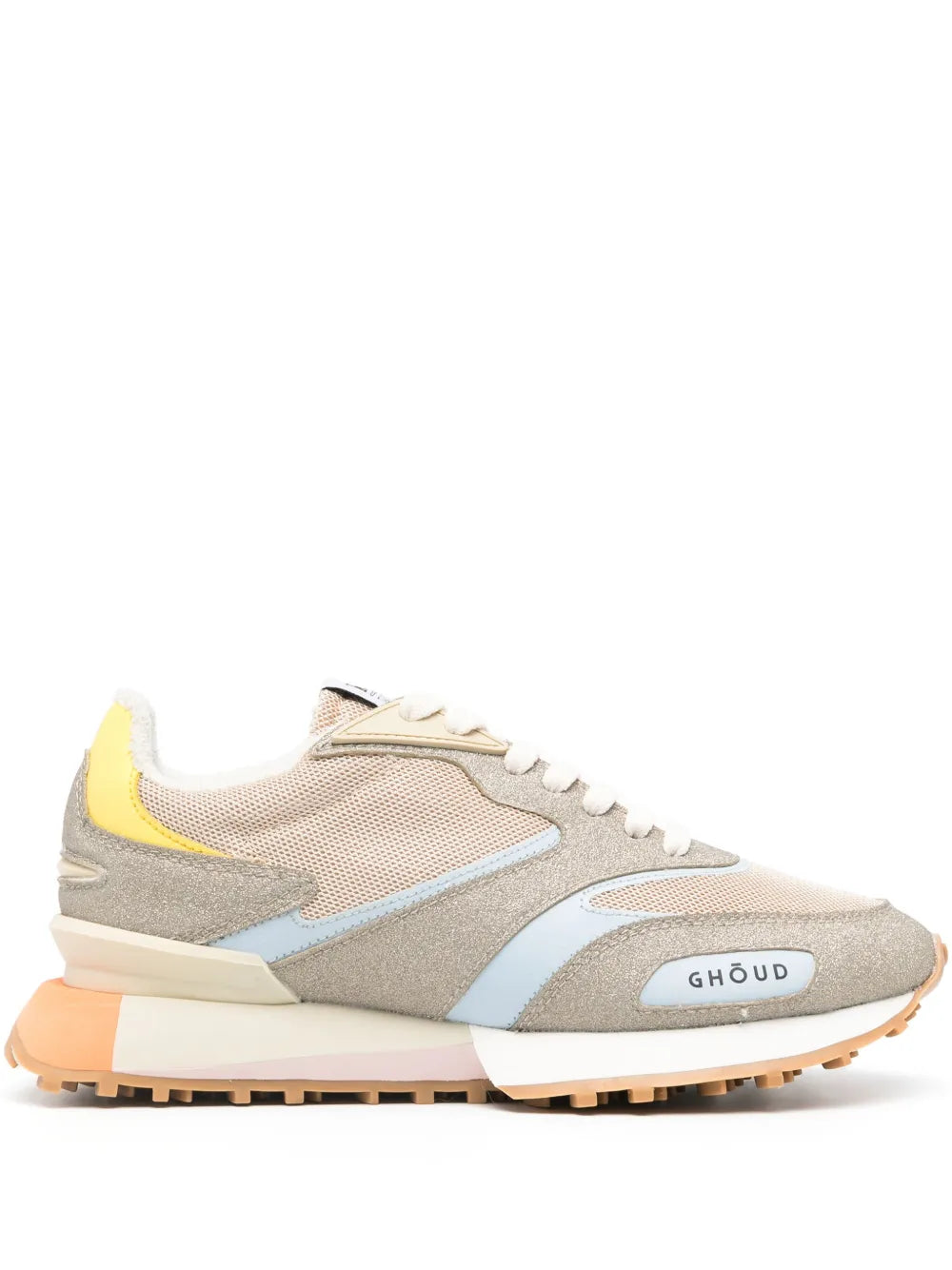 Beige mesh sneakers with gray panels, light blue trim, yellow accent, GHOUD logo