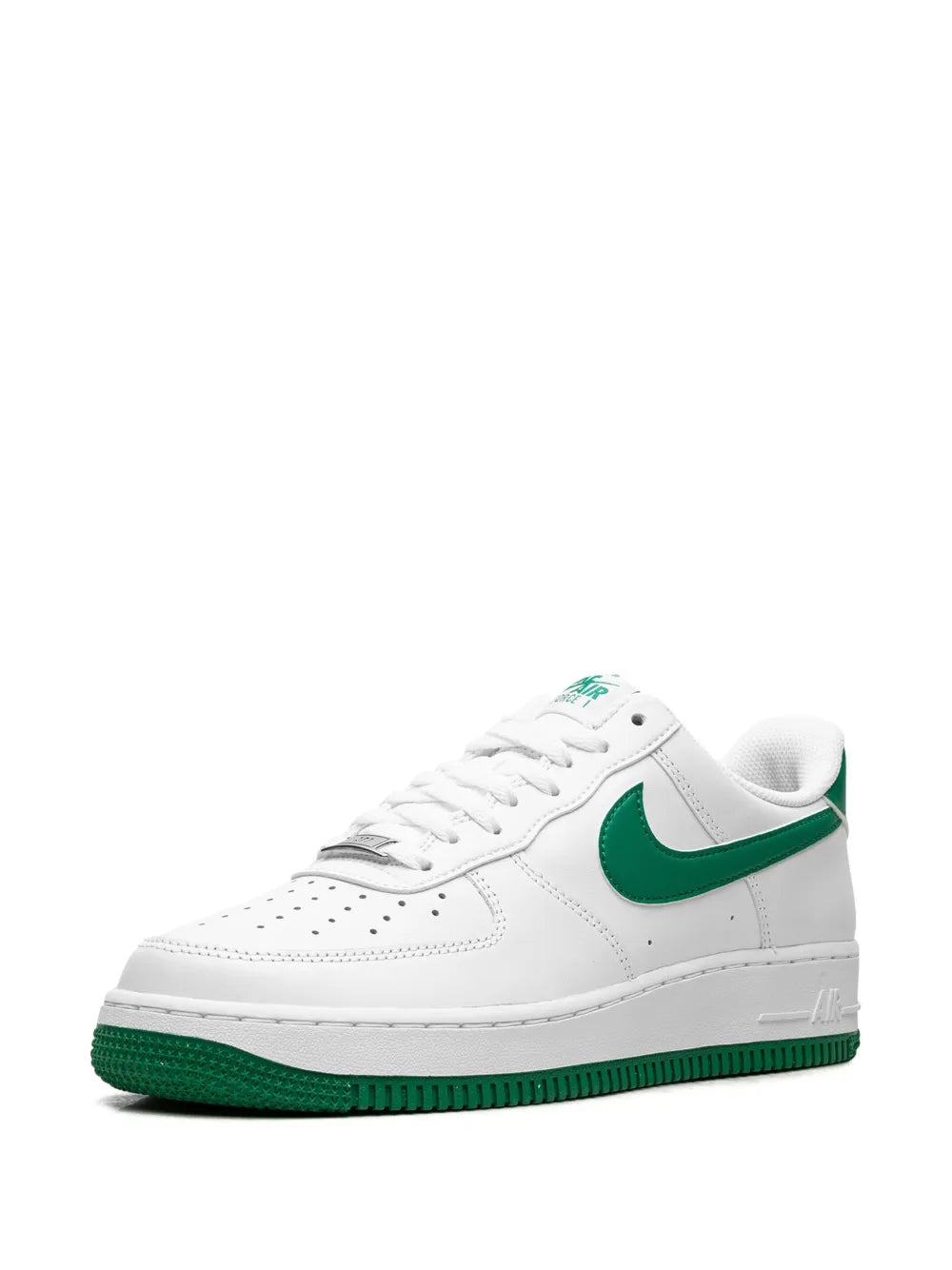 Nike Air Force 1 leather sneakers, white with green swoosh, textured lace area