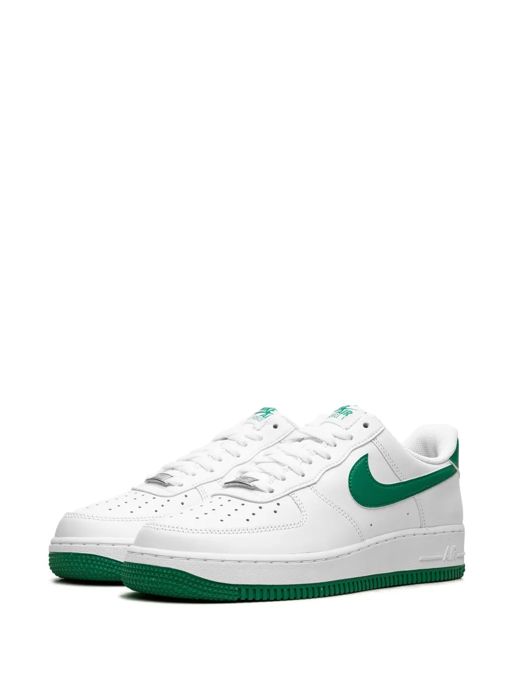 Nike Air Force 1 leather sneakers, white with green swoosh and perforated toe