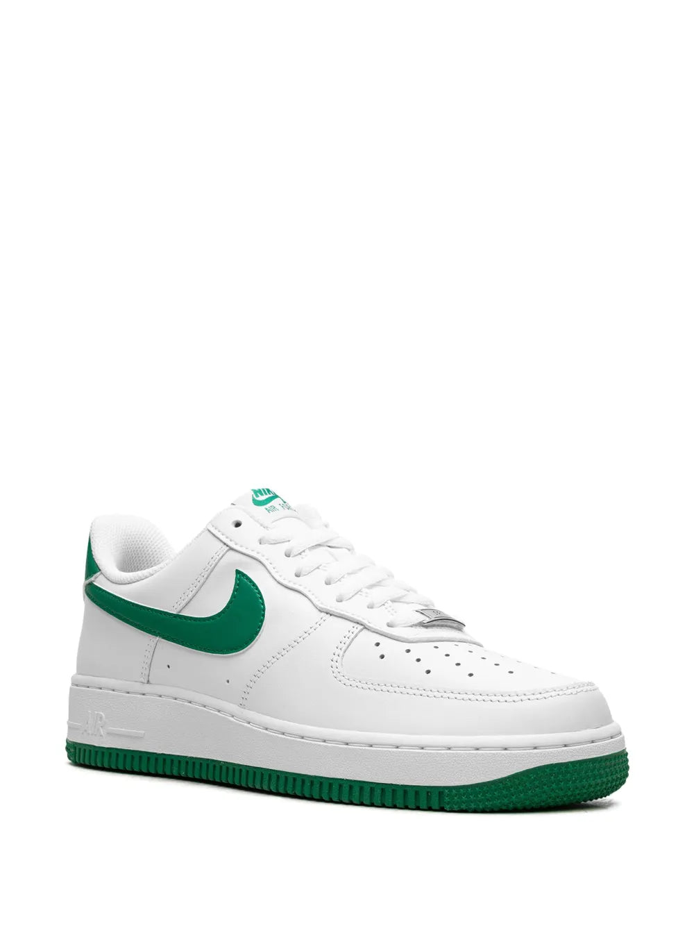 Nike Air Force 1 leather sneakers, white upper with green swoosh and lace-up design