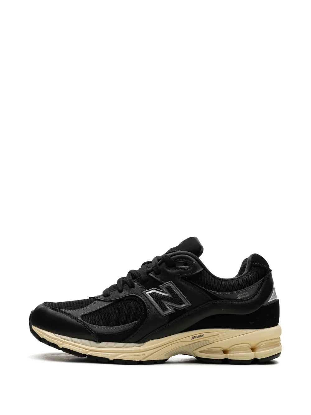 Black New Balance 2002R sneakers with lace-up front and stacked sole