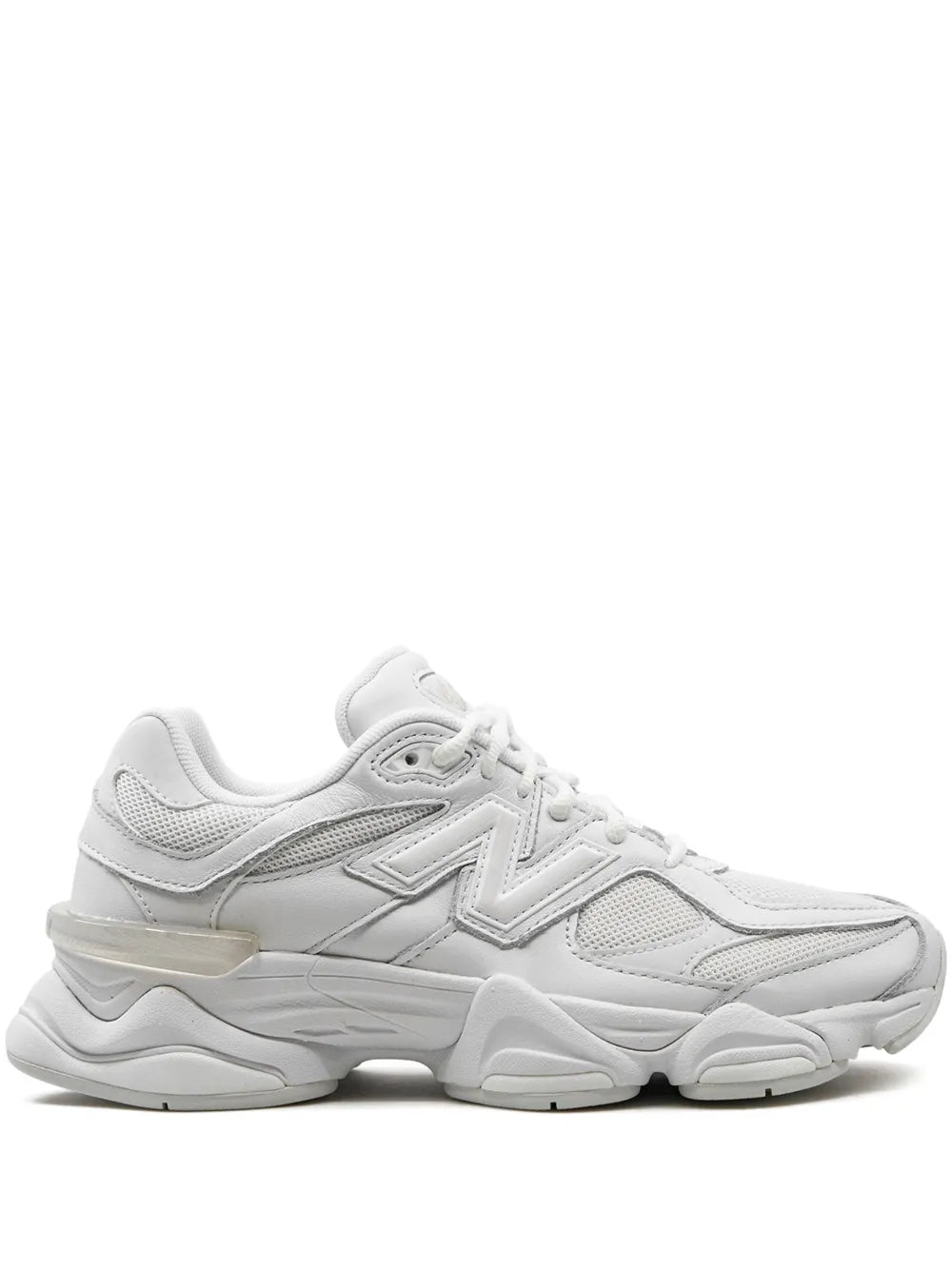 New Balance 9060 leather sneakers in white, lace-up with chunky runner sole