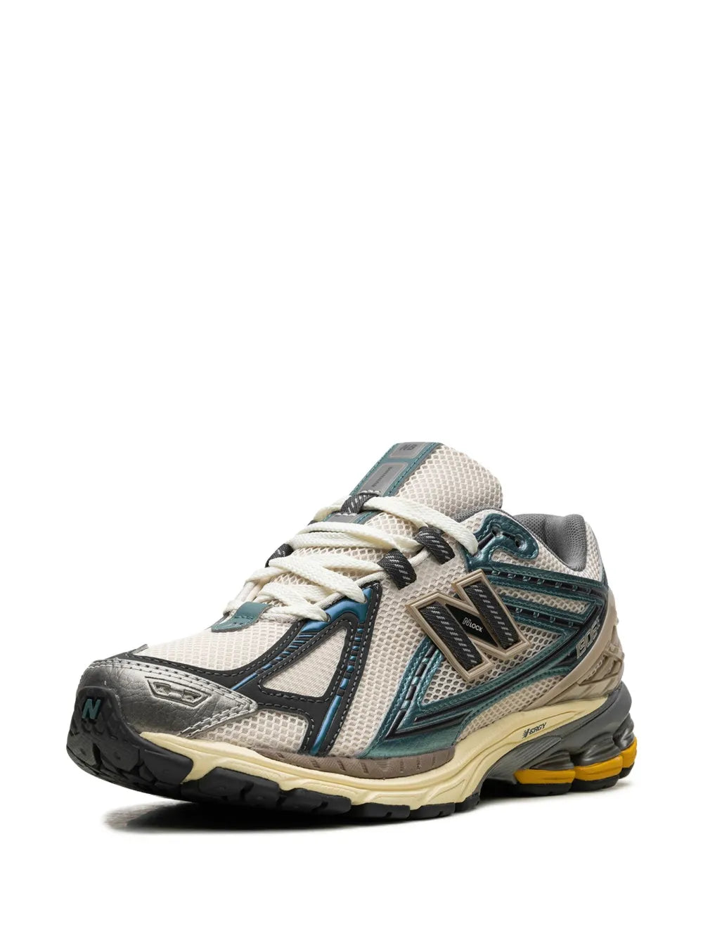 New Balance 1906R sneakers, white mesh with teal overlays and beige midsole, black toe