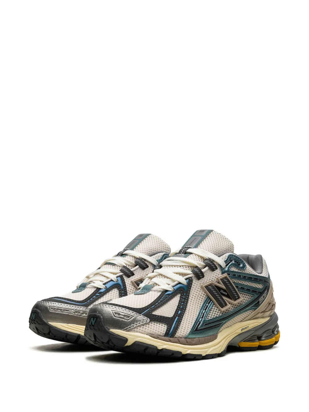 New Balance 1906R lace-up sneakers, white/teal upper with N logo and chunky sole