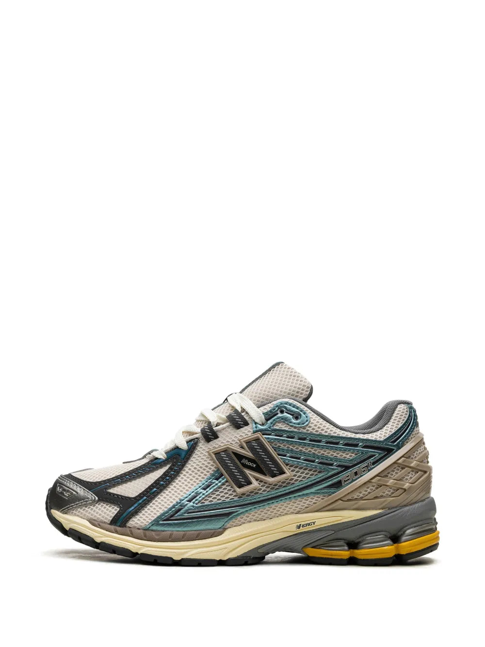 New Balance 1906R lace-up sneakers, white upper with teal trim and beige sidewall