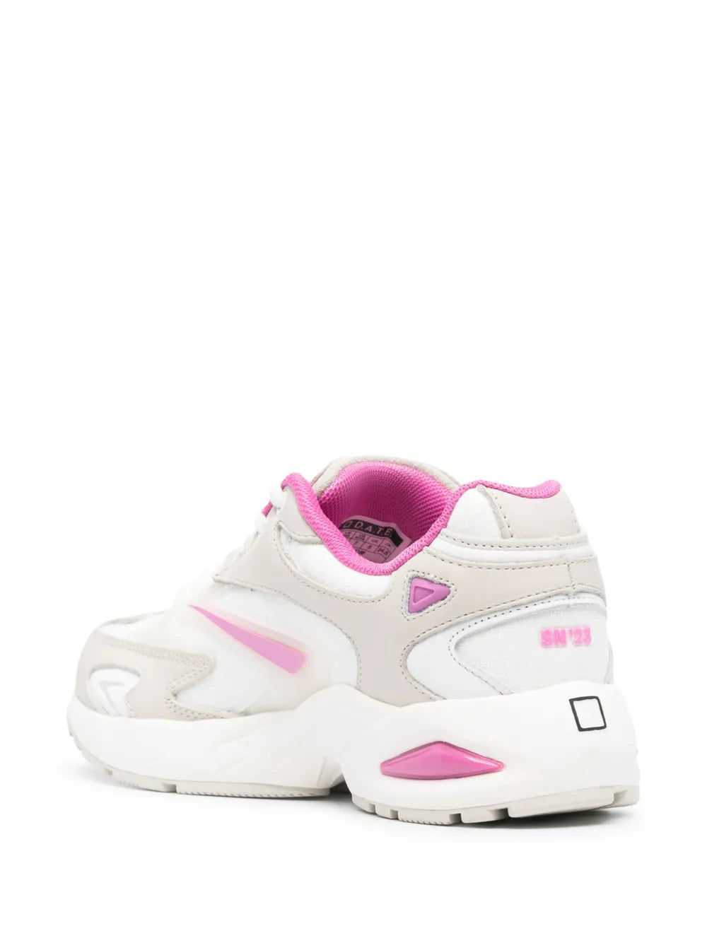 Beige and pink panelled sneakers with lace-up, heel tab and rear view
