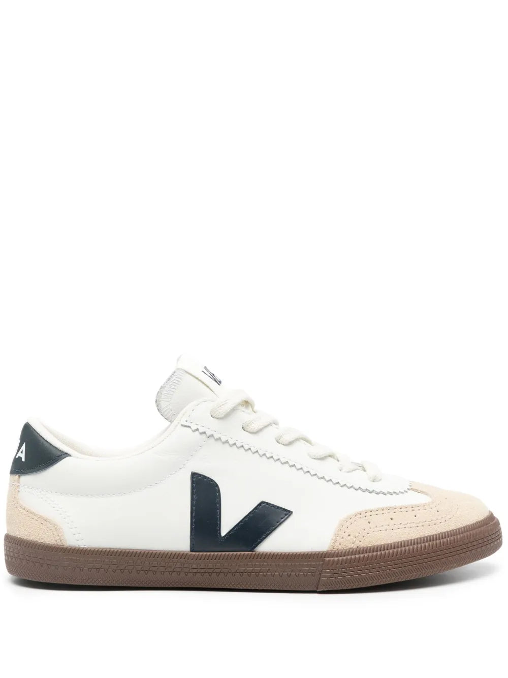 Beige and white panelled low-top sneakers with navy V logo and lace-up front