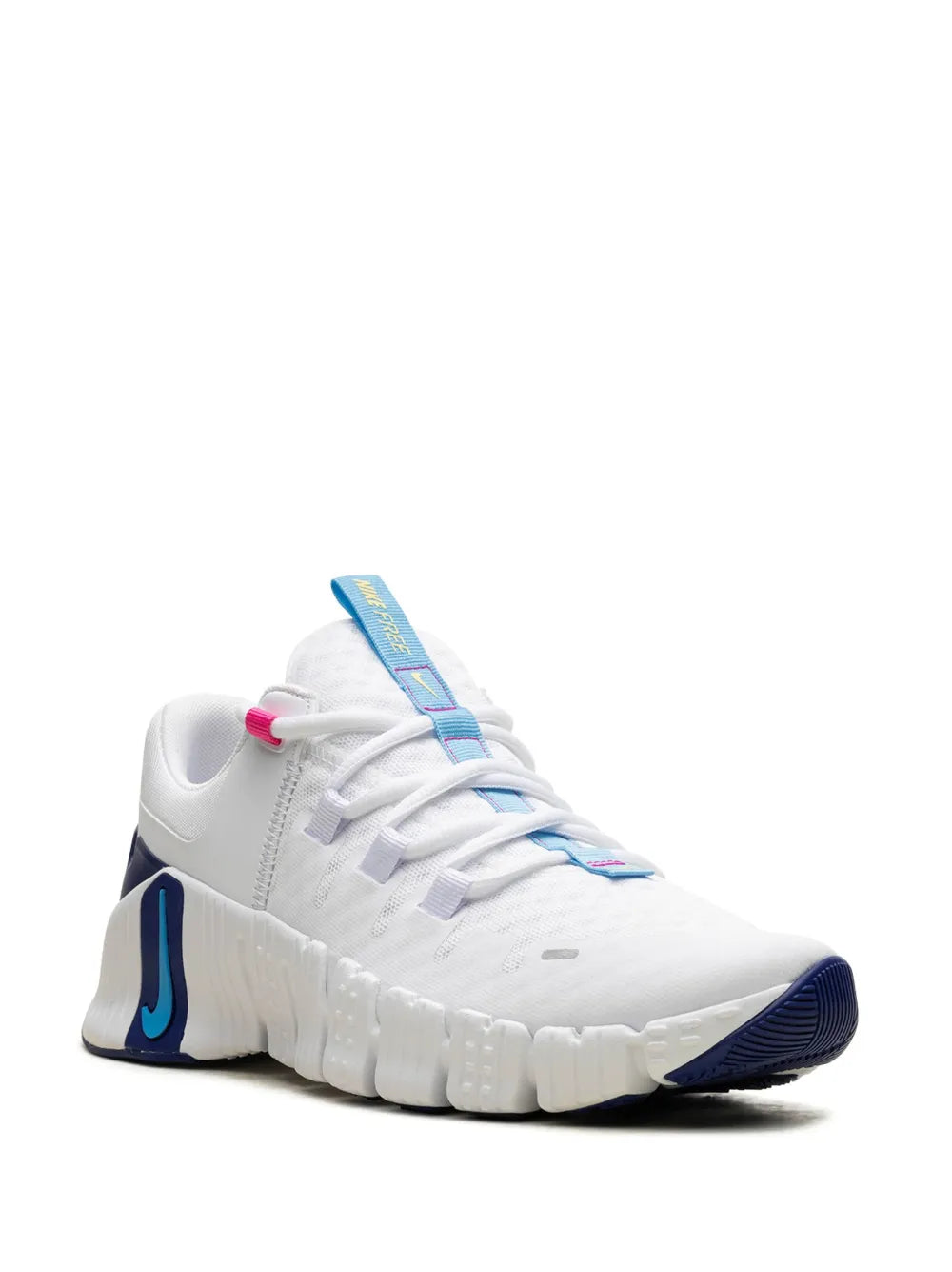 Nike white training shoe with blue logo accents, lace-up upper, cushioned midsole