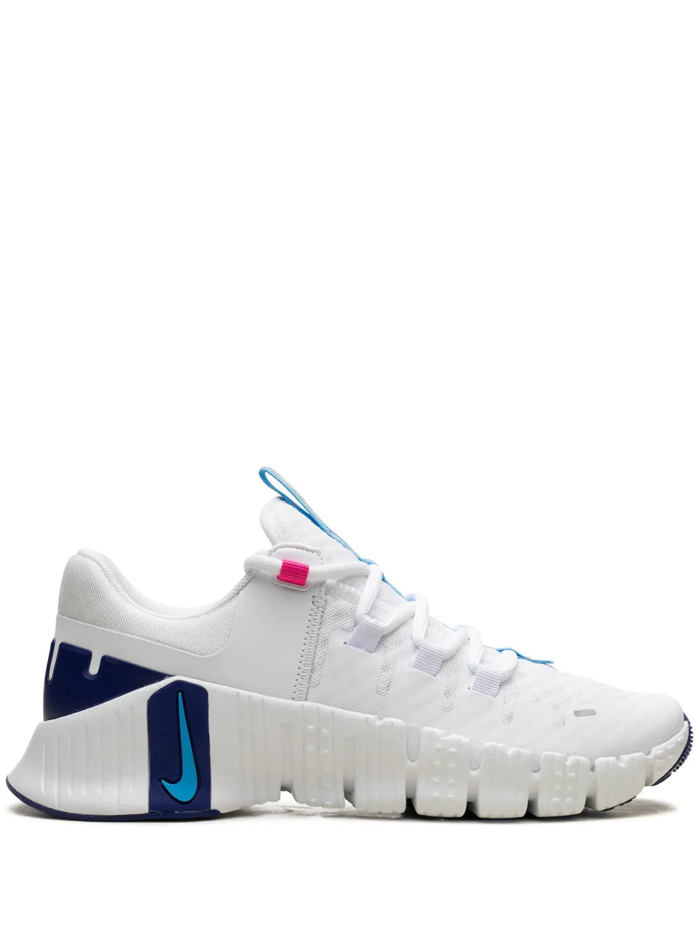 Nike white training shoe with blue heel cage and chunky white rubber sole