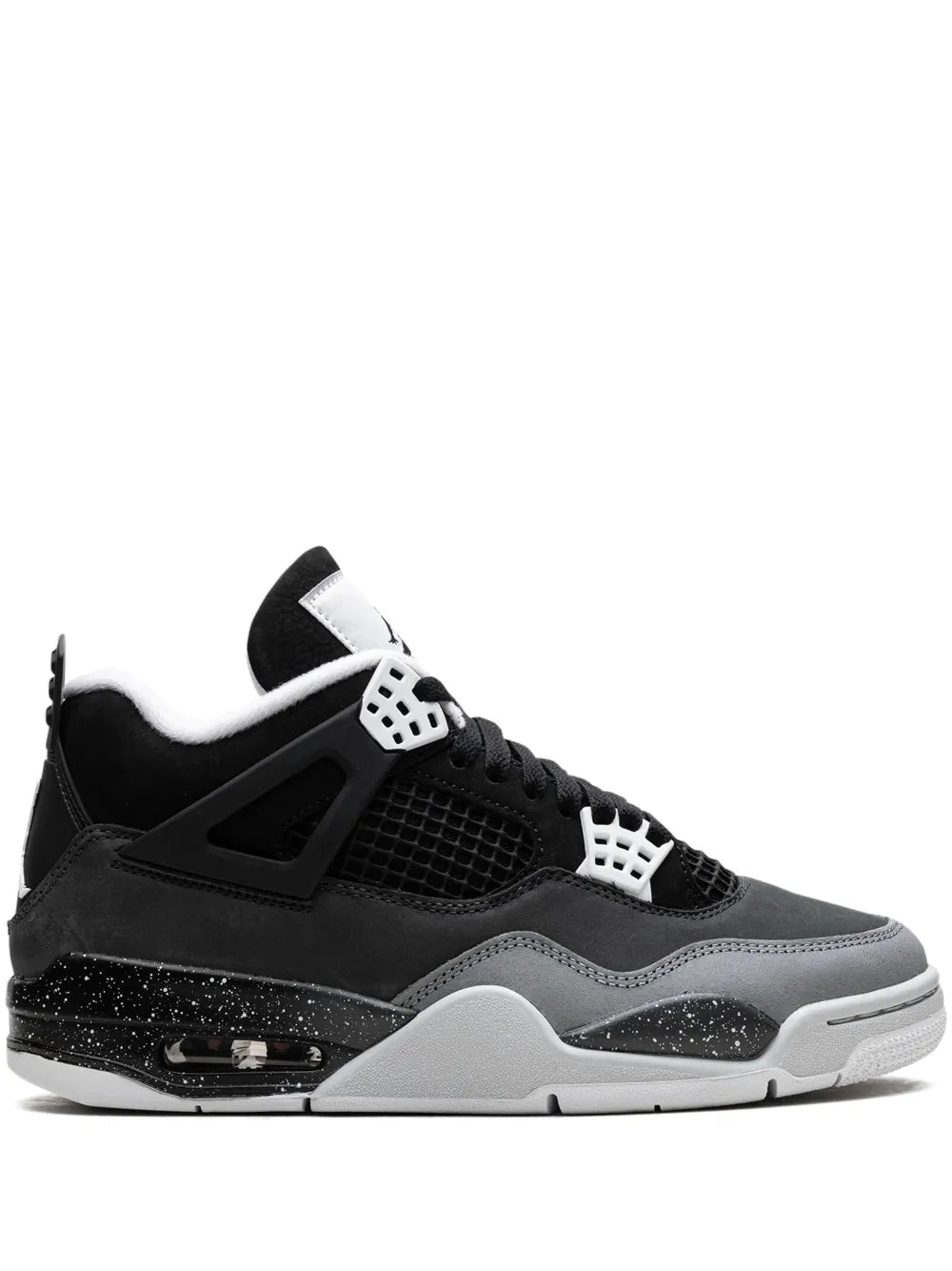Black and grey sneakers with white lace cage, mesh upper, and lace-up design.
