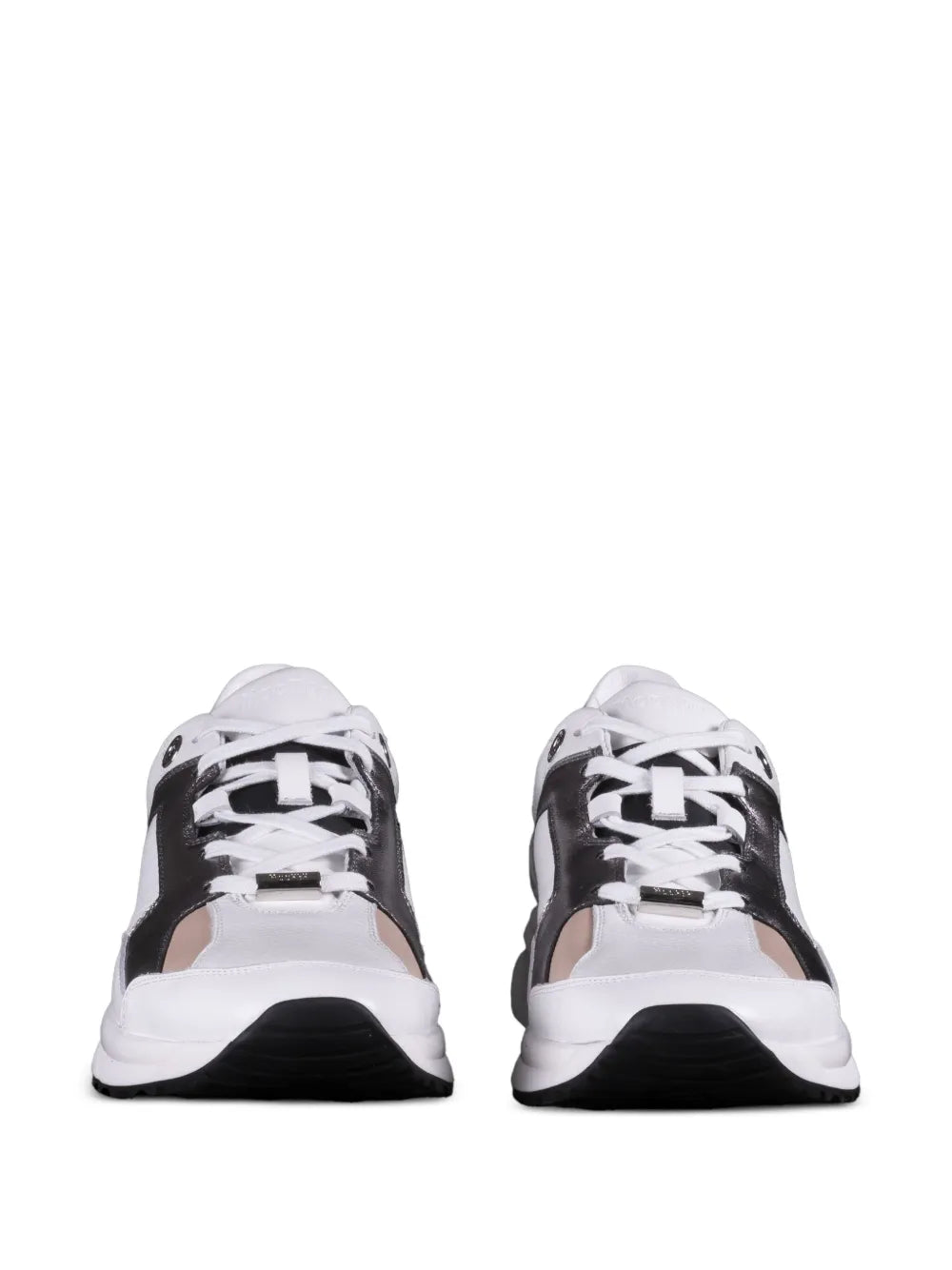 Pair of white leather low-top sneakers with metallic panels, front lace-up view.