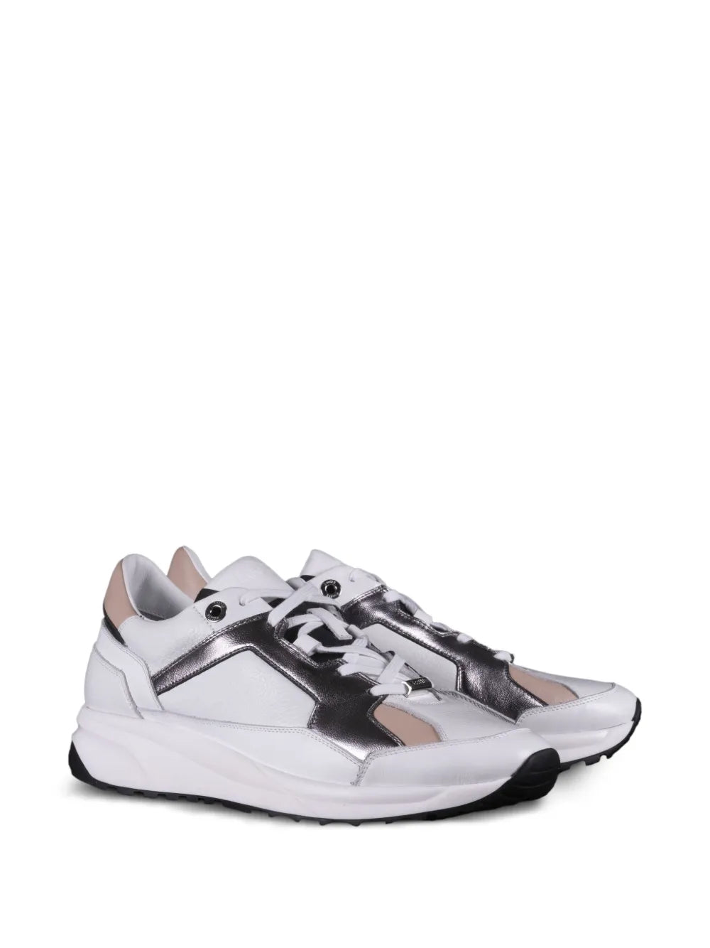 White leather low-top sneakers with metallic-effect toe and side panels, lace-up.