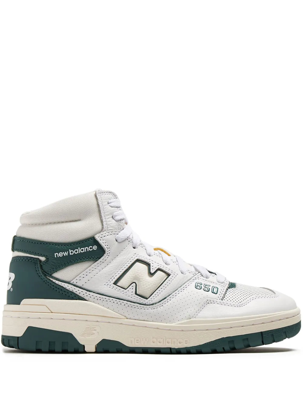New Balance 650 high-top sneakers, cream upper with dark green side panels and N logo