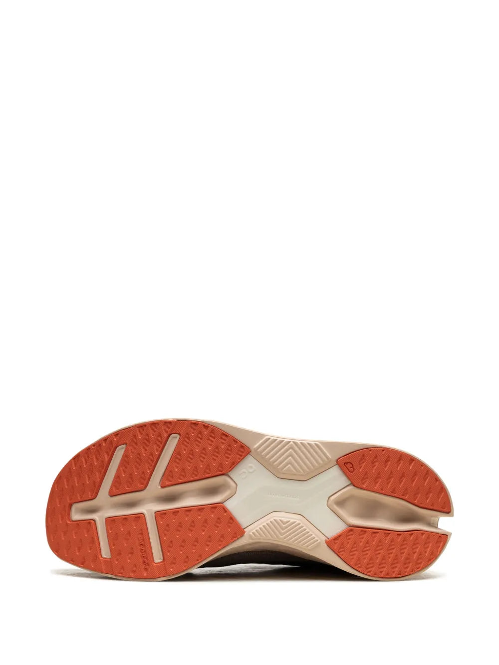 Shoe outsole with red rubber traction pods and beige midfoot plate