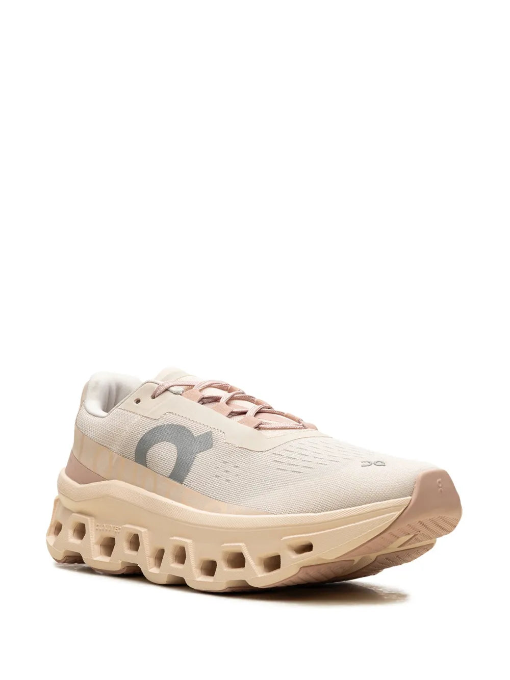 Light beige On Cloudmonster sneaker with pink laces and rugged rubber traction pods