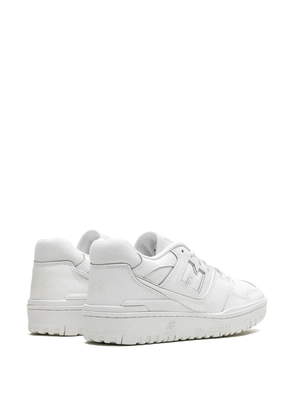 White leather sneaker heel view with stitched panels and rear logo