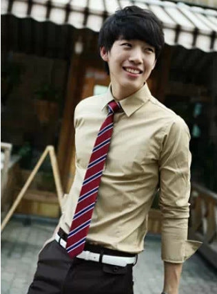 Beige button-up dress shirt with long sleeves and red striped necktie
