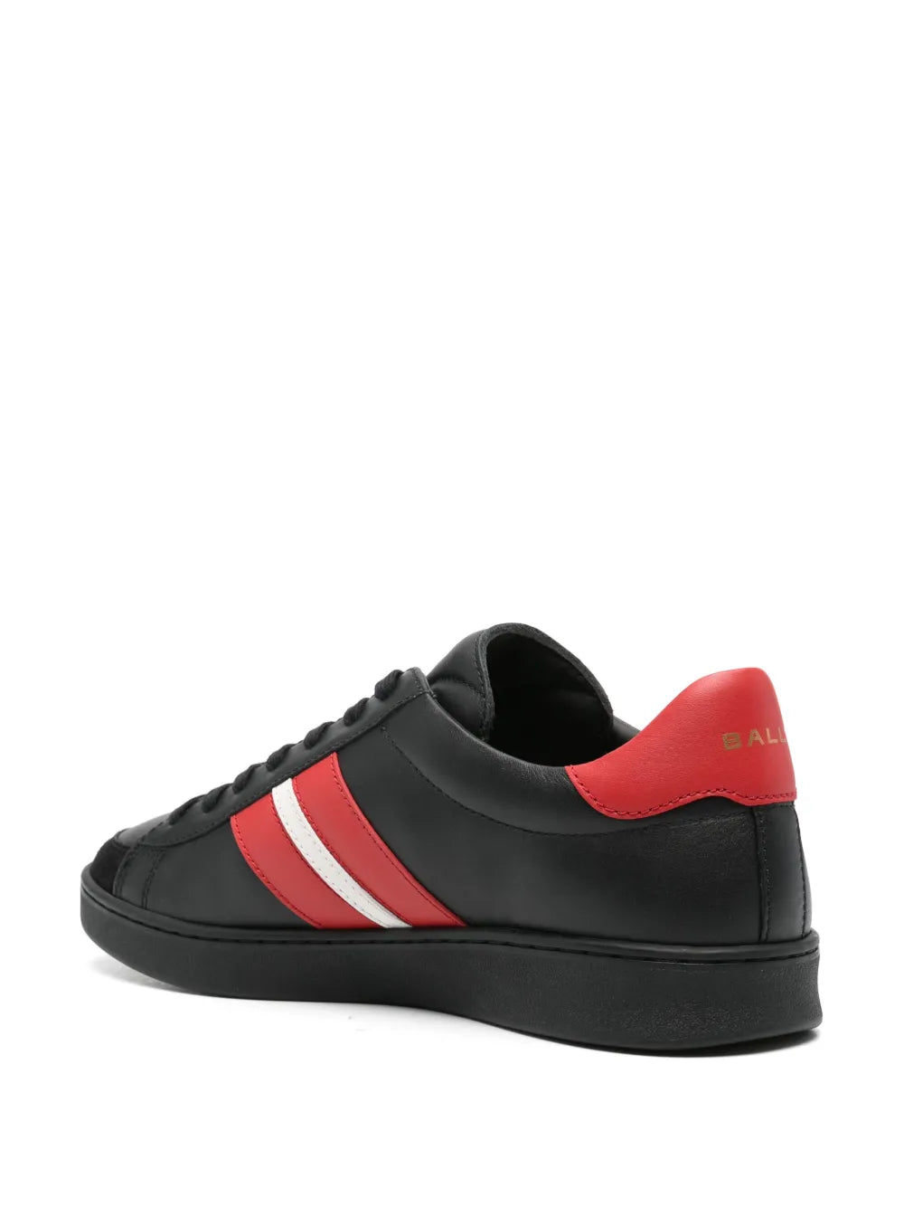 Black leather sneakers with red heel tab showing Bally logo and a white side stripe.