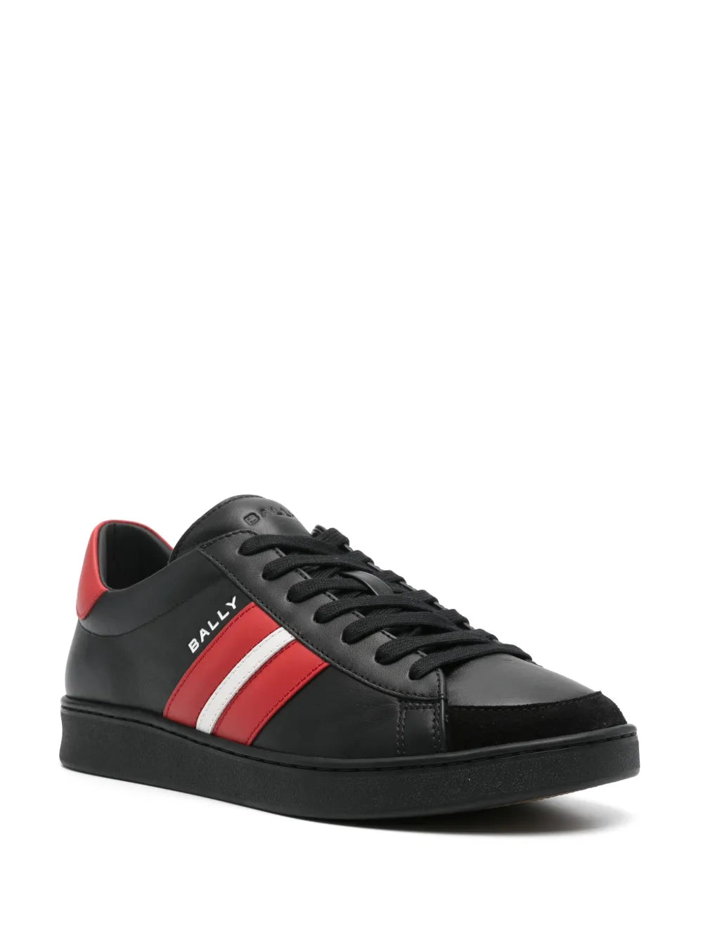 Black leather lace-up sneakers with red heel collar, Bally branding, and white side stripe.