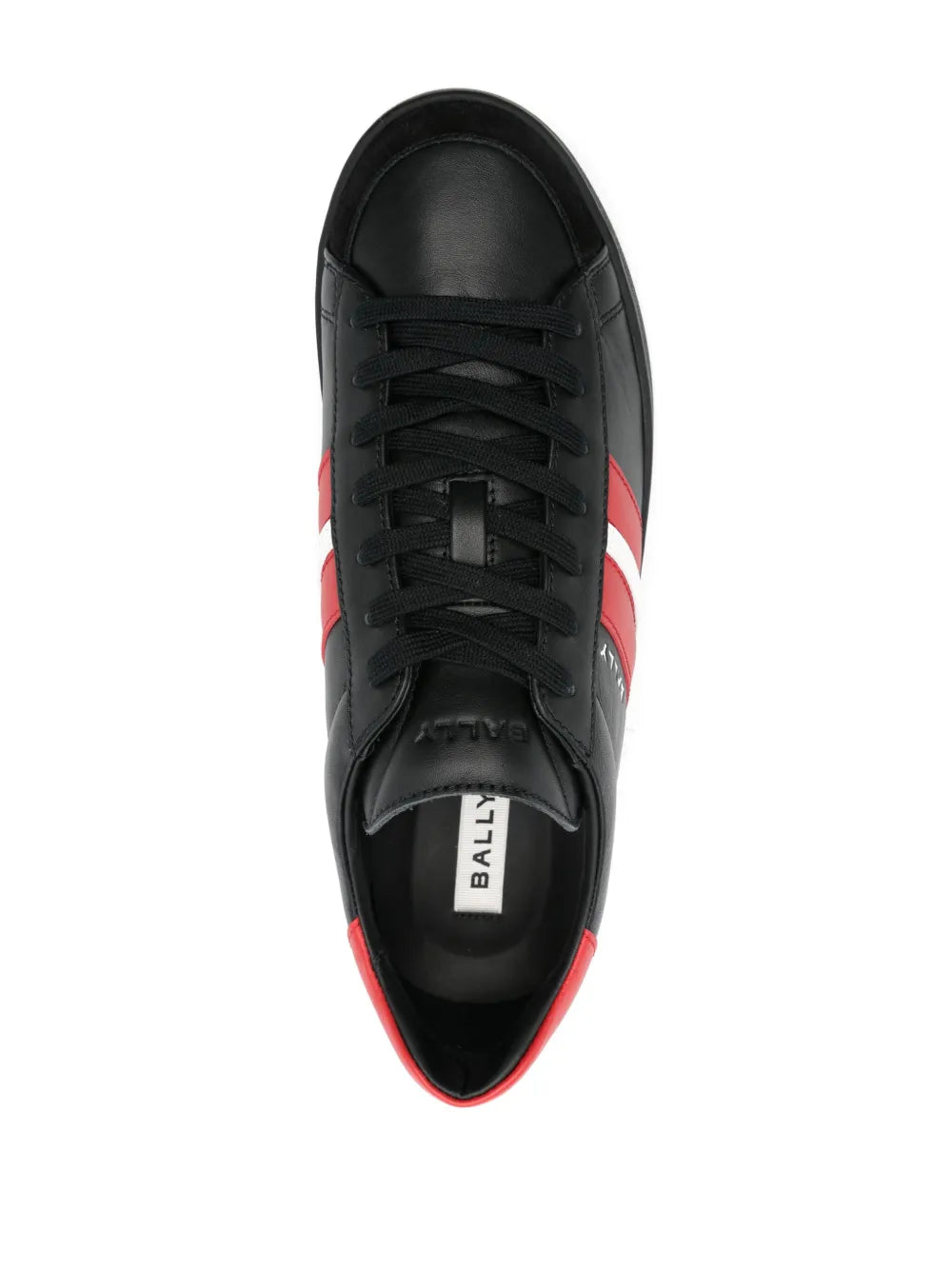 Black leather sneakers front view with black laces, red trim, and Bally logo on tongue.