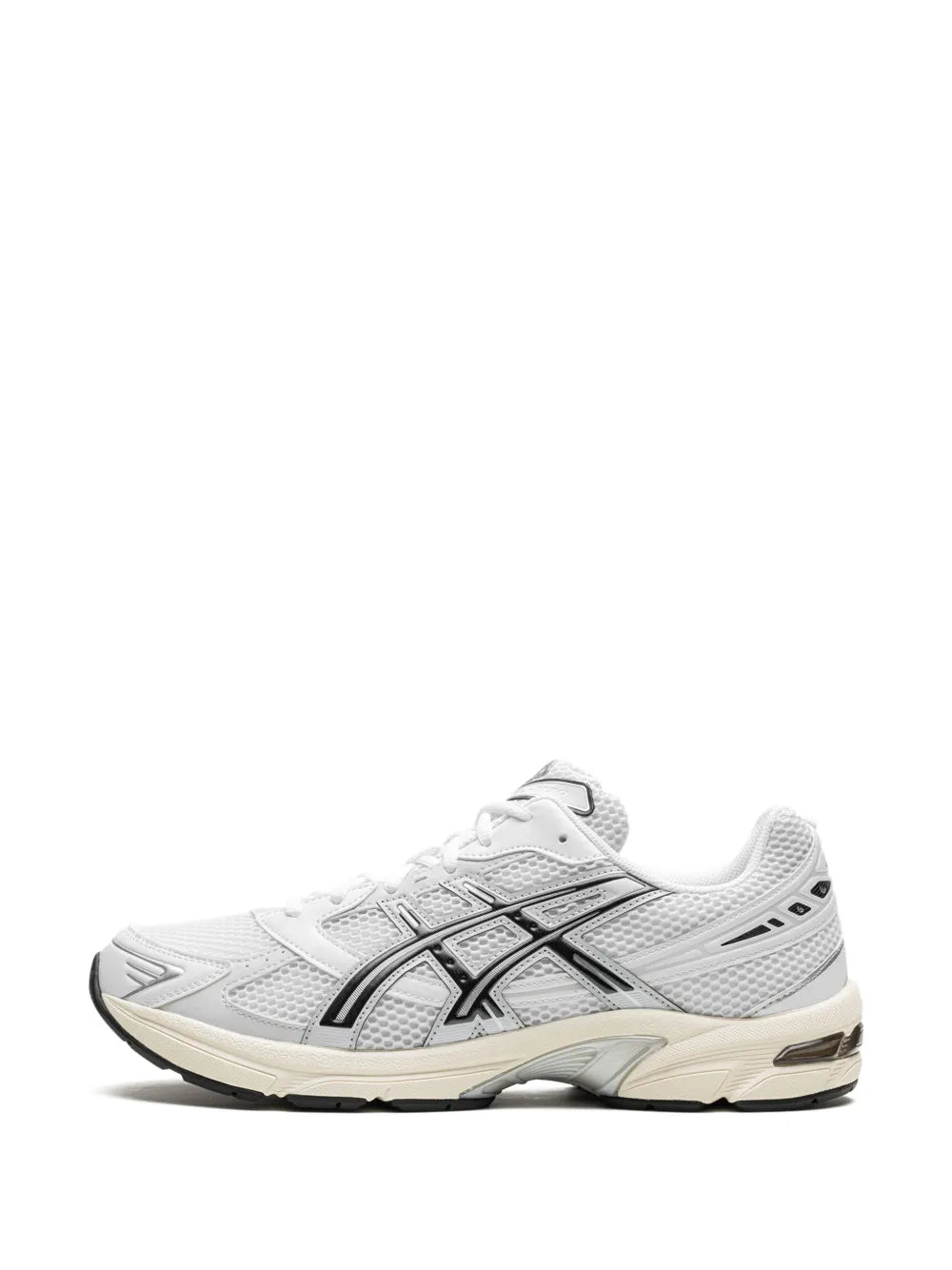 White and grey Asics sneakers with perforated mesh upper and black accents